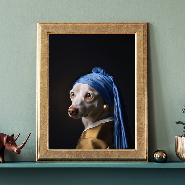 Dog with a Pearl Earring Print- parody of Johannes Vermeer's Girl with Pearl Earring, high quality art print, wall art, dog, funny gift