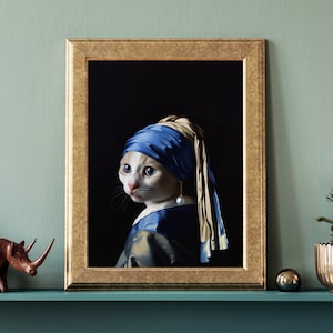 Cat with a Pearl Earring Print- parody of Johannes Vermeer's Girl with Pearl Earring, high quality art print, wall art, cat, funny gift