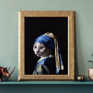 Cat with a Pearl Earring Print- parody of Johannes Vermeer&#39;s Girl with Pearl Earring, high quality art print, wall art, cat, funny gift