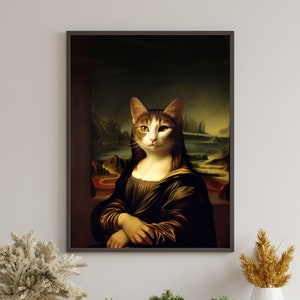 Mona Lisa Print- parody of Mona Lisa, Da Vinci&#39;s painting with cat, high quality art print, wall art, funny gift, Renaissance art print