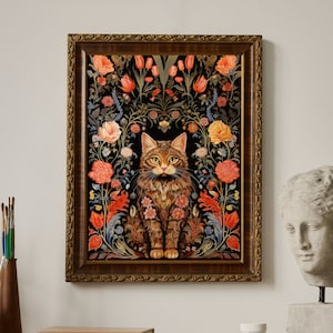 William Morris inspired Print- floral symmetrical pattern print, painting with cat, high quality art print, wall art, funny gift, cat (2)