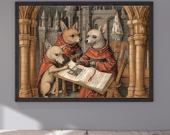 Medieval Dog Manuscript Print- dark gothic historical print with dogs, monk, cathedral, church