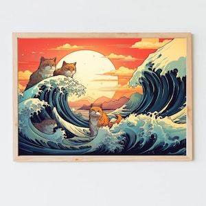 The Great Wave- parody of Hokusai's painting with cats, Japanese art high quality art print, wall art, funny gift, woodblock print cat 02