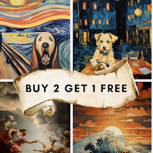 BUY 2 GET 1 FREE prints- parody of Classic Art paintings with dogs and cats, high quality art print, wall art, money saving bundle