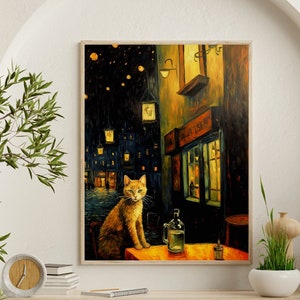 Café Terrace at Night Print- parody of Vincent Van Gogh&#39;s painting with a cat, high quality art print, wall art, funny gift (cat 1)