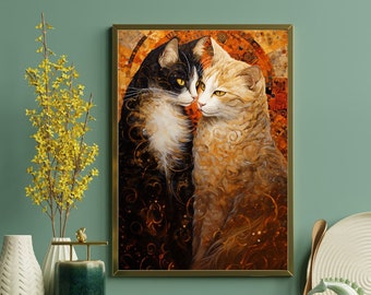 ゾミール画伯　クリムトのパロディ グスタフ・クリムトの「接吻」 - 猫を描いた有名な絵画のパロディ、高