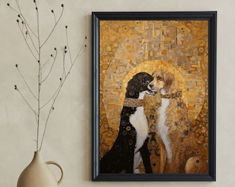 グスタフ・クリムトの接吻 - 犬を描いた有名な絵画のパロディ、アート