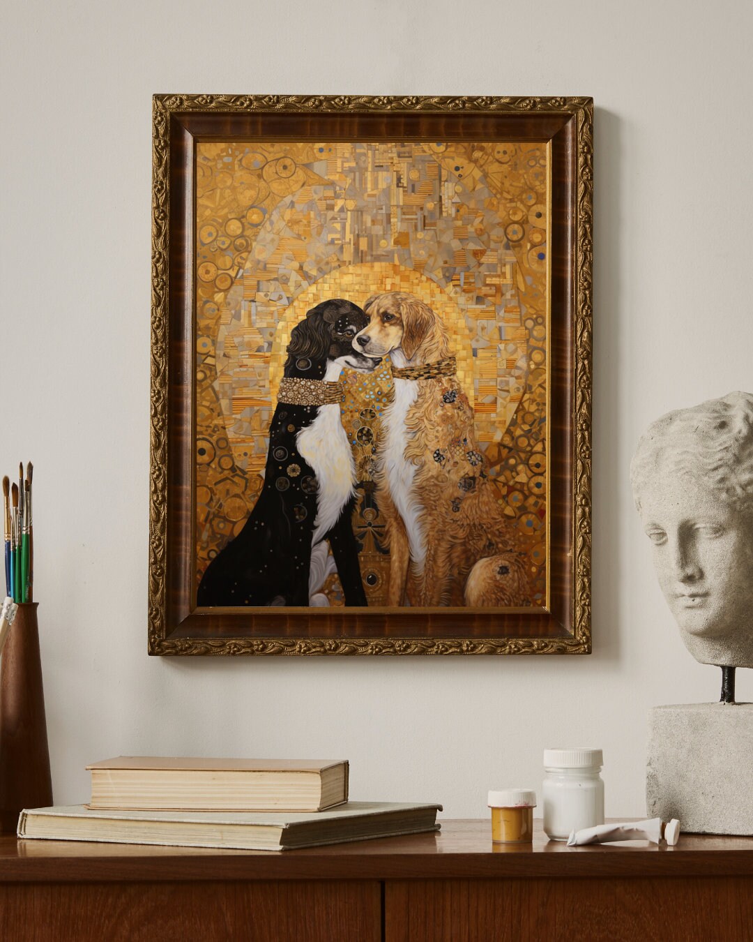 犬と人間のリアリズム絵画 木製フレーム 犬と人間のリアリズム絵画 木製フレーム