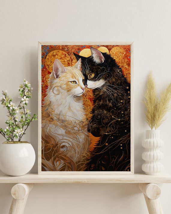 グスタフ・クリムトの「接吻」 - 猫を描いた有名な絵画のパロディ、高