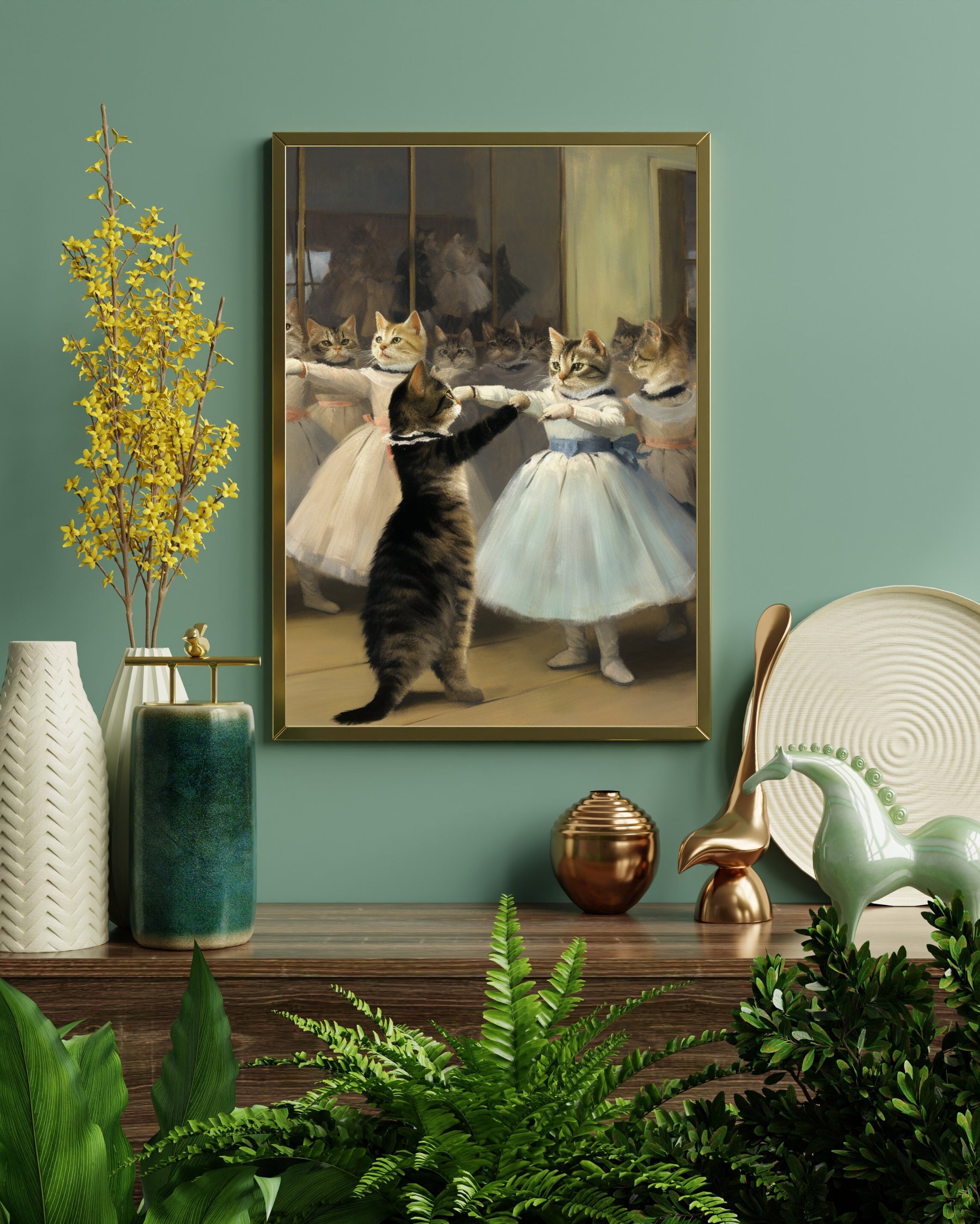 バレエ クラス プリント - エドガー ドガの猫の絵のパロディ、高品質の