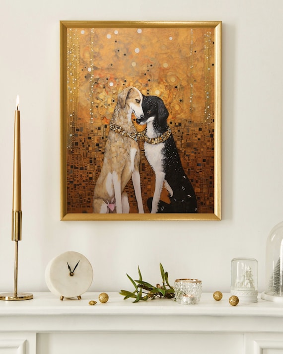 グスタフ・クリムトの接吻 - 犬を描いた有名な絵画のパロディ、高品質