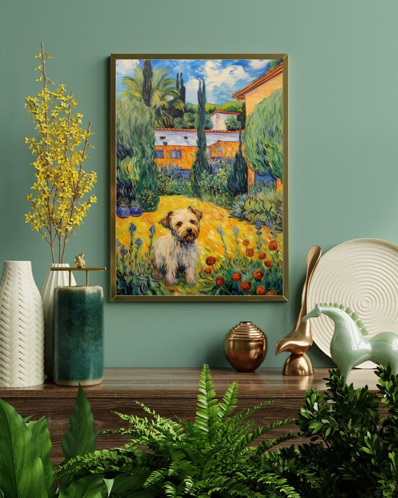 犬と女性のアートプリント アルルの庭のプリント - フィンセント・ファン・ゴッホの犬を描いた