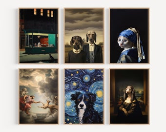 SET of SIX prints- parody of Classic Art paintings with dogs and cats, high quality art, wall art, dark blues, nighthawks, dark academia