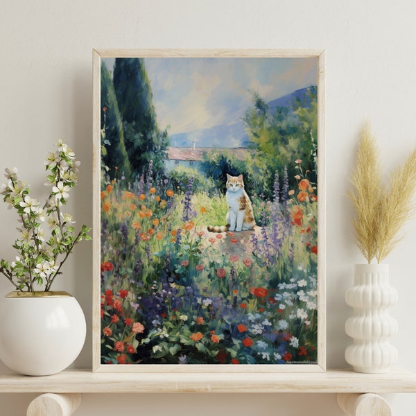 The Artist's Garden Print- parody of Claude Monet's painting with cat, high quality art print, wall art, funny gift, cat