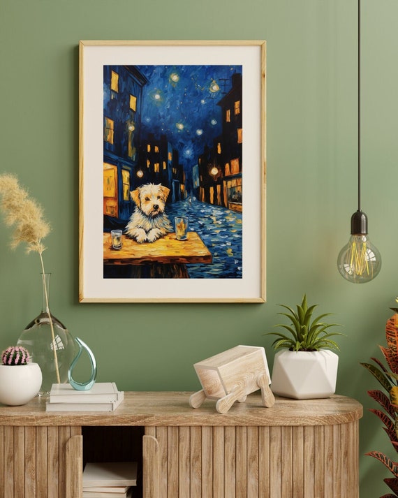 夜のカフェテラスのプリント - フィンセント・ファン・ゴッホの犬を