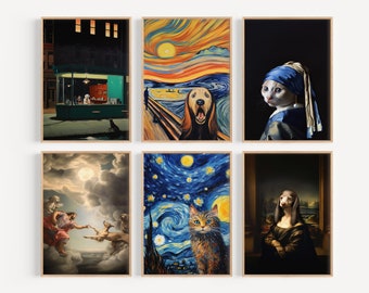 SET of SIX prints- parody of Classic Art paintings with dogs and cats, high quality art print, wall art, Starry Night, the Scream, Mona Lisa