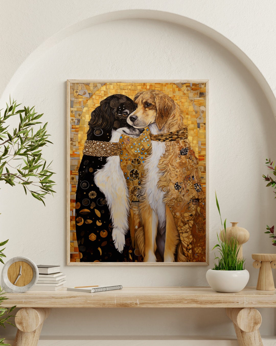 グスタフ・クリムトの接吻 - 犬を描いた有名な絵画のパロディ、高品質