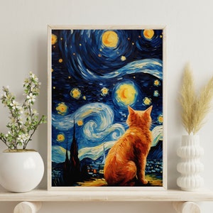 夜のカフェテラスのプリント - フィンセント・ファン・ゴッホの猫の絵