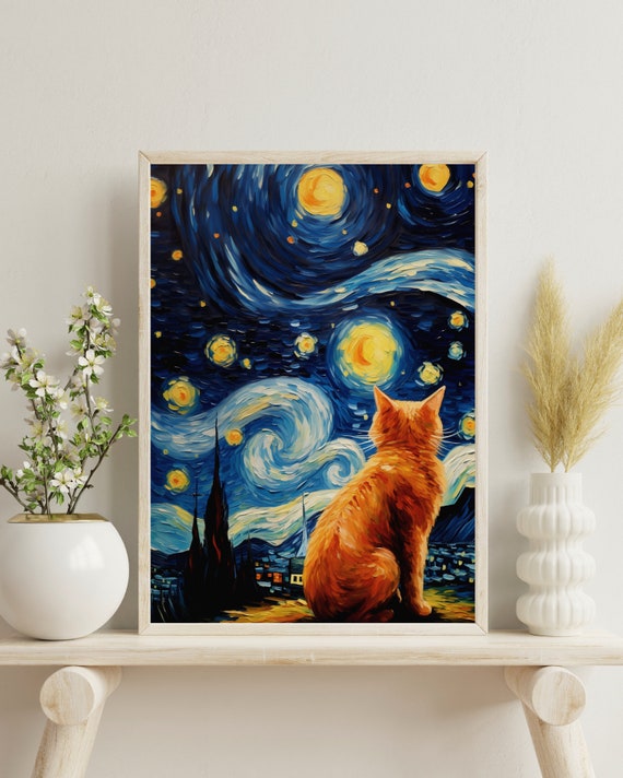 星月夜のプリント - フィンセント・ファン・ゴッホの猫の絵のパロディ