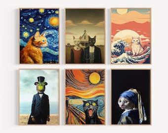 6枚のプリントセット - 猫のクラシックアート絵画のパロディ、高品質の