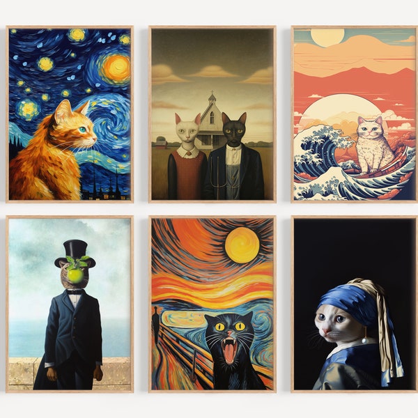 SET of SIX prints- parody of Classic Art paintings with CATS, high quality art print, wall art, Starry Night, the Scream, American Gothic