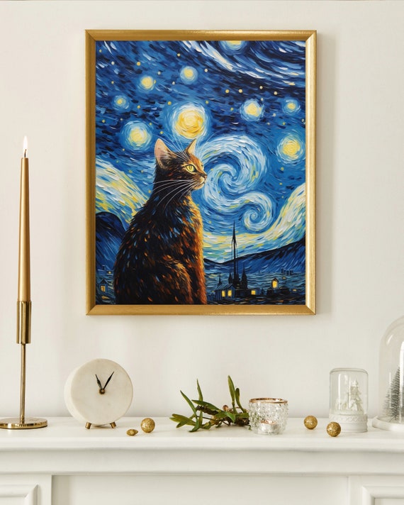猫と月のアートプリント ラブキャッツアートプリント、木のブランコに乗った2匹の猫の