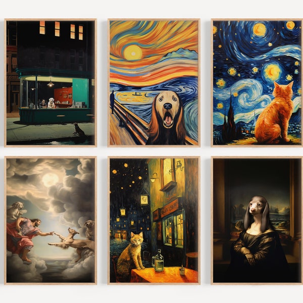 SET of SIX prints- parody of Classic Art paintings with dogs and cats, high quality art print, wall art, Starry Night, the Scream, Mona Lisa