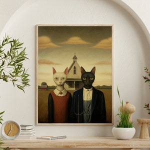 American Gothic Print- parodie de la peinture de Grant Wood avec des chats, impression d’art de haute qualité, art mural, cadeau drôle, impression d’art gothique américain