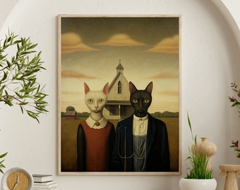 American Gothic Print- parodie de la peinture de Grant Wood avec des chats, impression d’art de haute qualité, art mural, cadeau drôle, impression d’art gothique américain