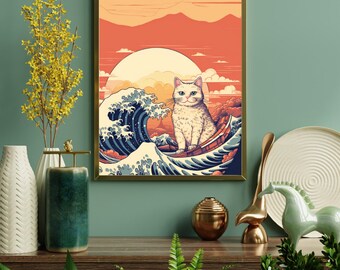 The Great Wave- Parody of Hokusai's Painting With Cats, Japanese