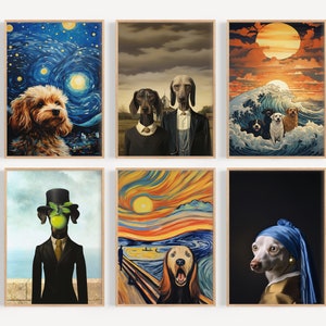 SET of SIX prints- parody of Classic Art paintings with DOGS, high quality art print, wall art, Starry Night, the Scream, American Gothic