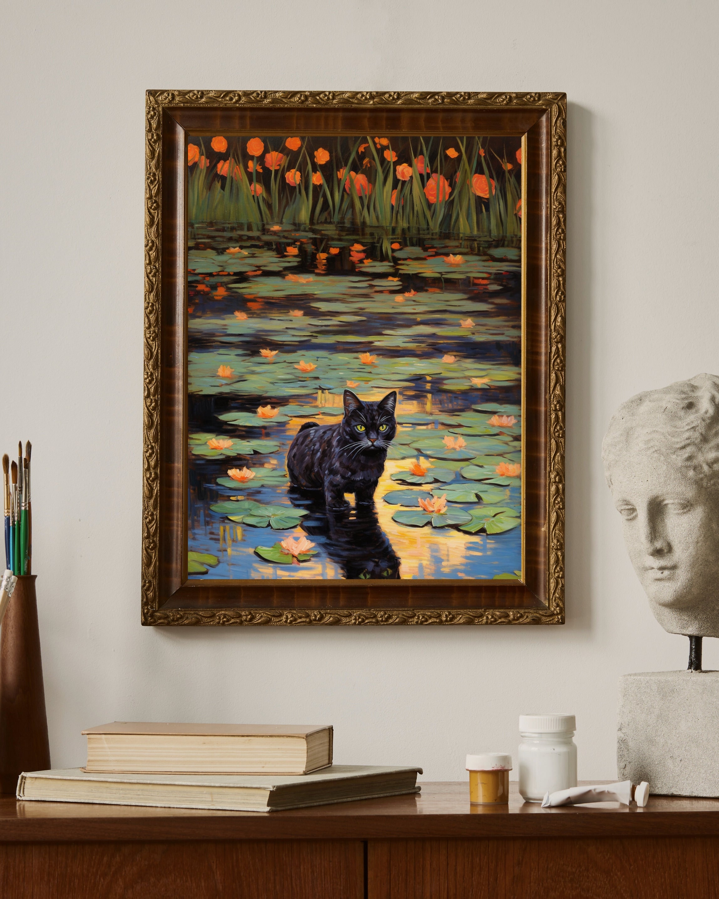 睡蓮のプリント - クロード・モネの猫の絵のパロディ、高品質のアート