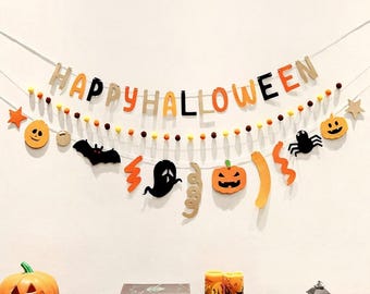 Felt Halloween Garland Banner | Pumpkin, Ghost & Bat Decor