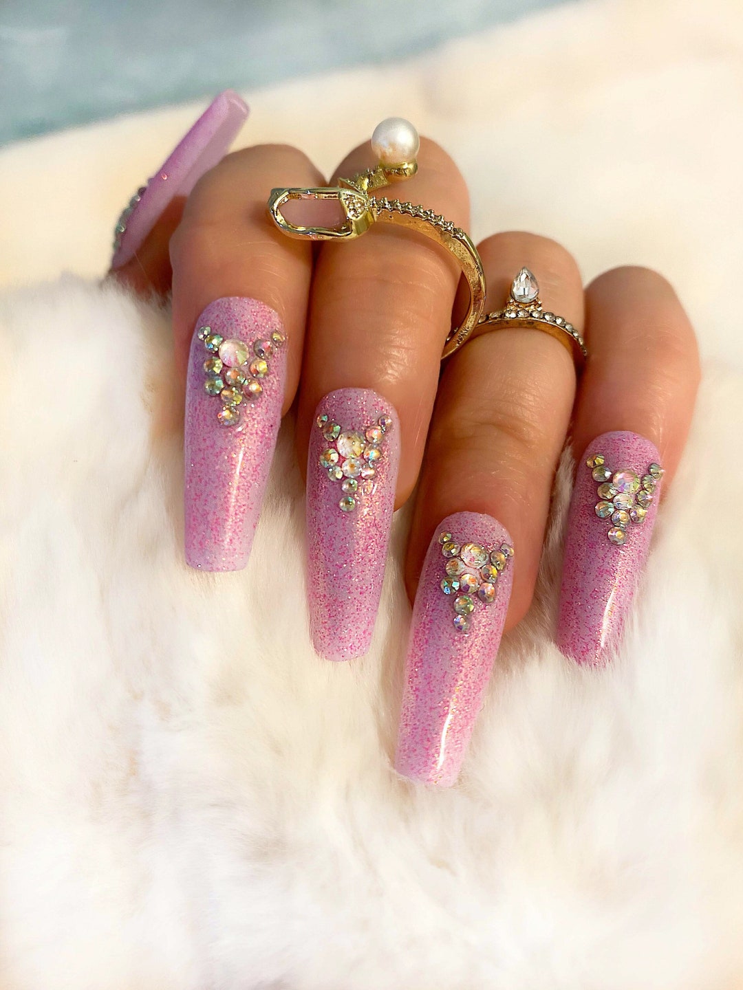 Glamor Nails With Rhinestones, Glitter Fake Nails. Etsy