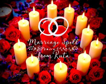 May include: A romantic image featuring a circle of lit candles surrounding red roses and petals. The text "Marriage Spell from Ruta" is displayed with two interlocking rings above a red heart shape.