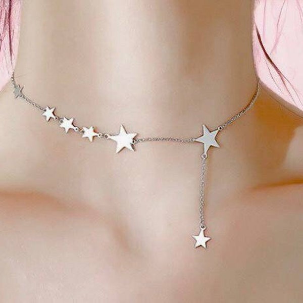 Star Choker Necklace, Sterling Silver Tassel Star Charm Necklace, Silver Star Wedding Bridesmaid Necklace, Necklace For Women, Gift For Her