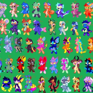 May include: A collection of 54 colorful, cartoonish creature illustrations on a green background. Each creature has a unique design, with varying colors and features. The illustrations are numbered, suggesting a catalog or collection of characters.