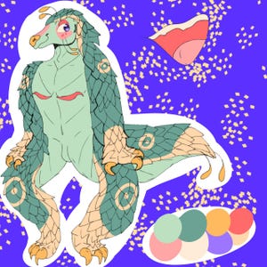 May include: A cartoon illustration of a green and beige creature with a long tail and a beak. The creature has a swirl pattern on its legs and tail. The illustration is on a purple background with a pink, green, beige, and purple color palette.