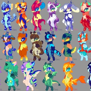 May include: A collection of 22 colorful, cartoonish creature illustrations. Each creature has a unique design, with varying colors, patterns, and features. The artwork includes the artist's signature, "Bekez", in several places.