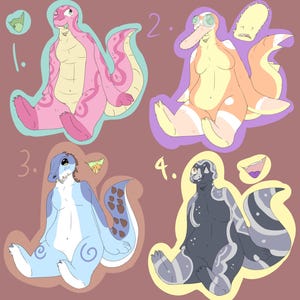 Peut inclure: Quatre illustrations de dessins animés de différentes créatures avec des motifs et des couleurs uniques. Chaque créature est assise avec sa queue enroulée derrière elle. Les créatures sont numérotées de 1 à 4.