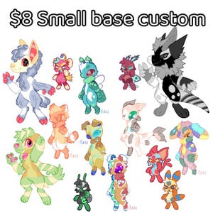 Puede incluir: Una colección de 13 pequeños personajes de animales de estilo de dibujos animados, coloridos. Los personajes son todos de diferentes colores y tienen diferentes características, como alas, colas y orejas. El texto "$8 Small base custom" está en la parte superior de la imagen.