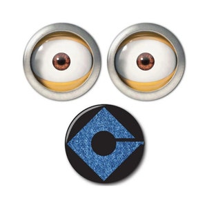 MINION set of 3, 2 Eyeballs & 1 Chest logo with Blue Jean center DESPICABLE Me HALLOWEEN Costume Prop 3" Safety Pinback Buttons