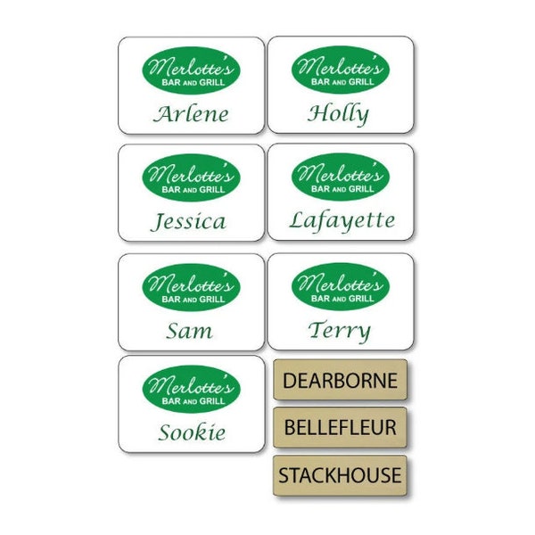 TRUE BLOOD 10 piece Merlotte's Bar & Grill PIN Fastener Name Badge Halloween Costume Prop