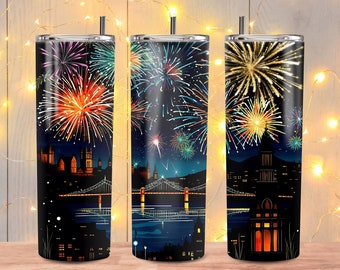 Hogmanay 20oz skinny tumbler Sublimation design, New Year Tumbler, Happy New Year party PNG, Scottish Hogmanay png, Fireworks Celebration