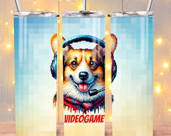 Corgi Tumbler Wrap, Gaming Tumbler png, Pixel Corgi Dad 20 oz Skinny Tumbler Sublimation Design, Corgi with headset png, Gamer tumbler wrap.