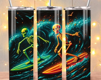 Skeleton 20oz skinny Tumbler wrap sublimation design, Ghost tumbler png, Skeleton Surfing Tumbler wrap, Funny Summer holiday, Halloween gift