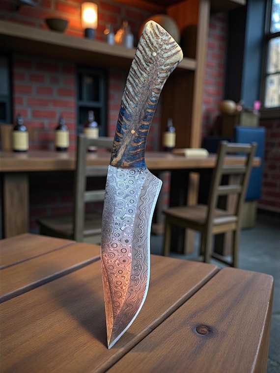 Damascus Steel Hunting Knife: 9” Overall Length, Gray and Blue Pinecone Handle, Leather Sheath. It’s Very Unique and a Beauty!