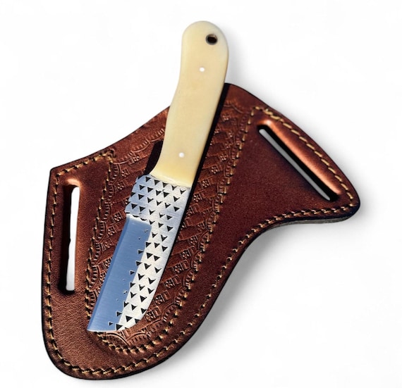 Handmade Cowboy Knife: Hoof Rasp Blade, Camel Bone Handle, Leather Sheath