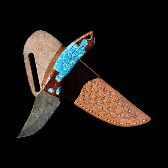 Damascus Steel Hunting Knife: 8" Blue & Brown Handle, Leather Sheath