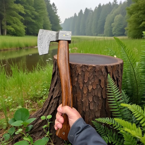 Handmade 17” Damascus Steel Tactical (Throwing) Hatchet Axe Walnut Wood With Leather Sheath